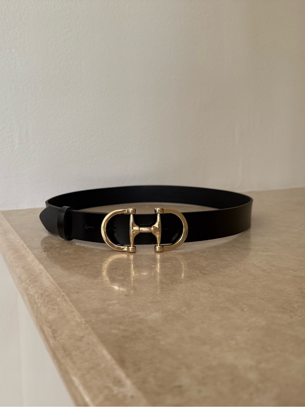 Massimo Dutti Black Leather Belt Golden Buckle Size Medium